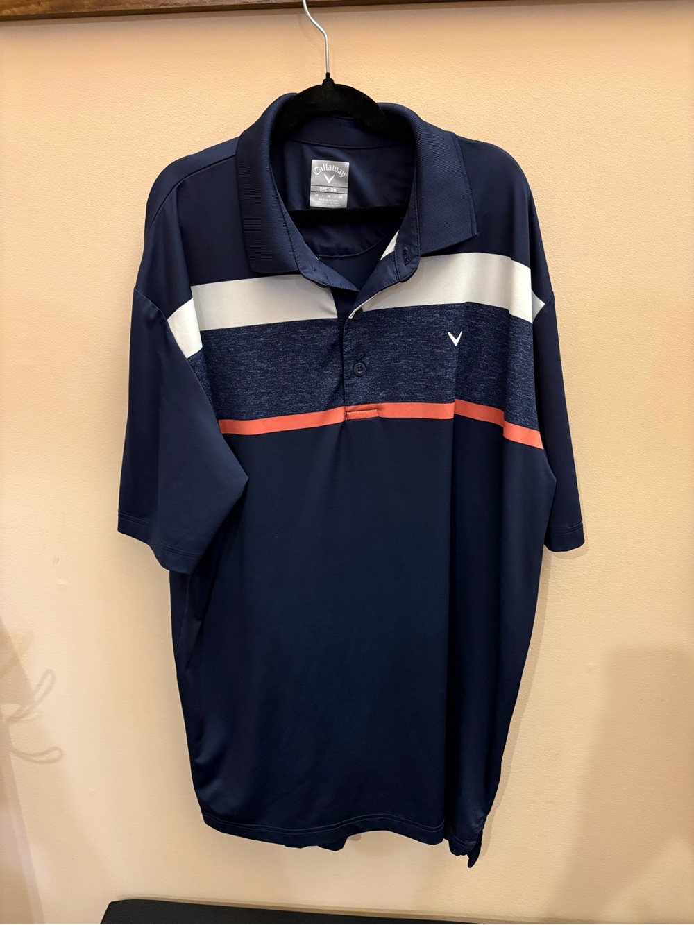 Callaway Men's Navy Polo with White and Coral Stripes- size Medium